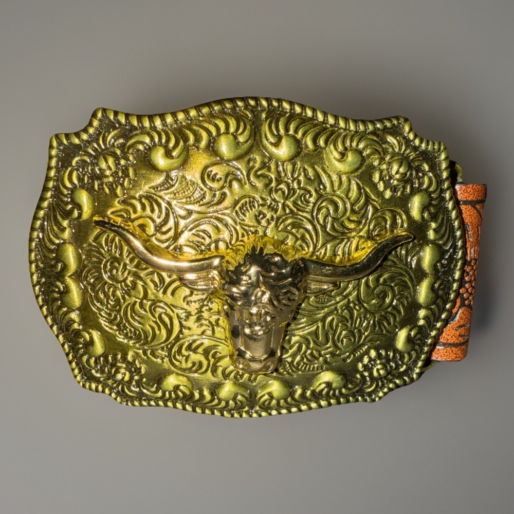 Western Faux Leather Belt Longhorn Steer Buckle Brown Antique Style Brass Tone