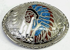Silver Engraved Inlaid Belt Buckle Indian Chief Head Dress w/Turquoise & Coral