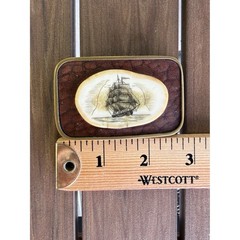 Vintage Hand Cast Solid Brass Scrimshaw Sailing Ship Belt Buckle Made in USA
