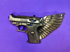 Winged Gun Flying Pistol Handgun Figural Cutout Brass Tone Large Belt Buckle