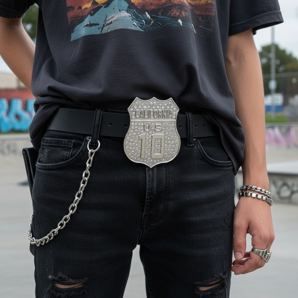 Men Silver Bling Metal Belt Buckle California State US 10 Freeway Big Statement