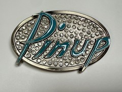 Pinup Girl – Blue Lettering Fashion Statement Novelty Jeweled Oval Belt Buckle