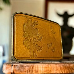 VTG Western Tooled Brown Leather Brass Belt Buckle Unbranded Tree Moon Bird
