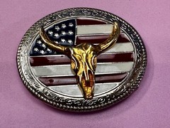 Texas Longhorn United States Flag Stars Stripes Forever Enameled Belt Buckle