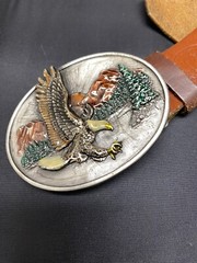 SISKIYOU Buckle Co Enamel Eagle VTG 1982 pewter Belt Buckle & Homemade Belt