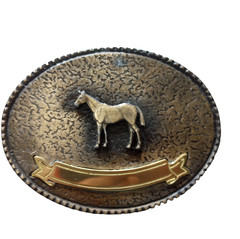 Vtg Western Horse Belt Buckle Blank Trophy Ribbon W Maker Mark Oval Brass Tone
