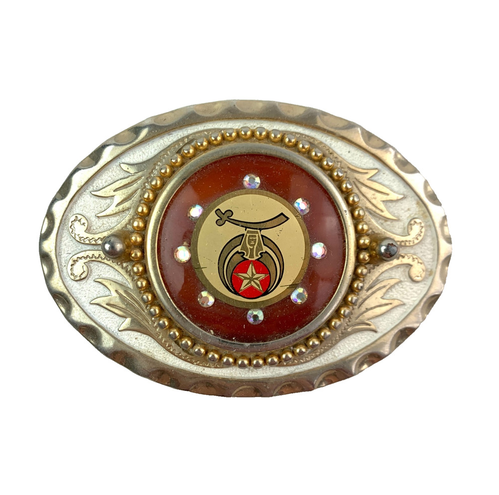 Vintage Masonic Shriners Orange Gold Tone Bling 3D Metal Belt Buckle