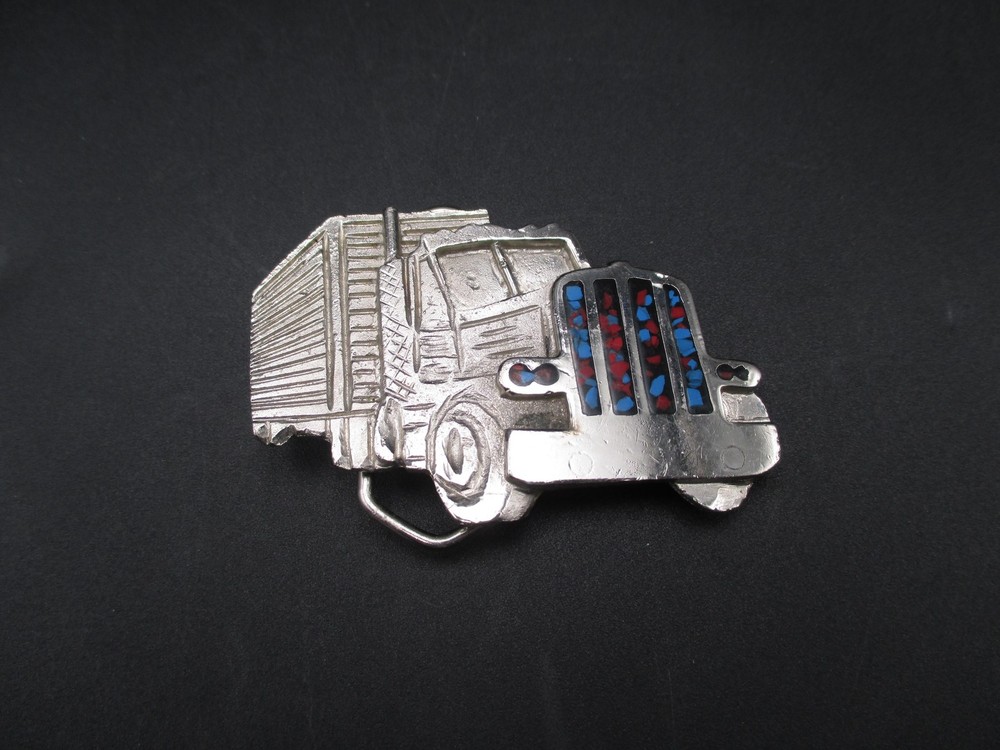 Semi Truck Trucker Belt Buckle Vintage 70s Turquoise Coral Inlay USA BB779