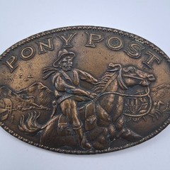 Vintage 70s Pony Post Express Brass Metal Belt Buckle Montauk Silver Company