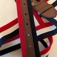 Polo Ralph Lauren Striped Canvas Leather Belt Script Logo Buckle Red White Blue