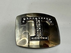 Letter Initial T – Silver color Vintage Belt Buckle – Missing Rhinestone?