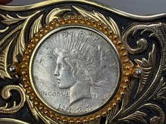 Vtg 1923 Peace Silver Dollar Coin Belt Buckle Engraved Scrollwork Western Cowboy