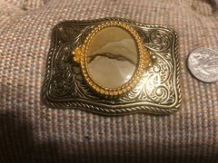 Silver & Gold Western Belt Buckle With Polished Stone Made in USA