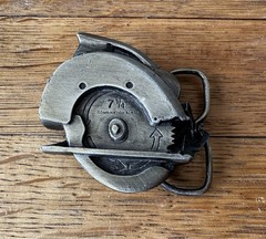 Vintage 1979 Bergamot 2.5&Prime; x 2.5&Prime; Circular Saw Tool Brass Works Shop Belt Buckle