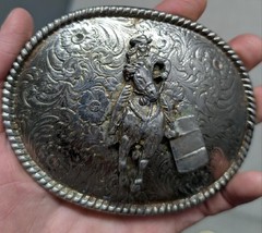 vintage USA made RODEO belt buckle BARREL RACING cowboy cowgirl WESTERN floral