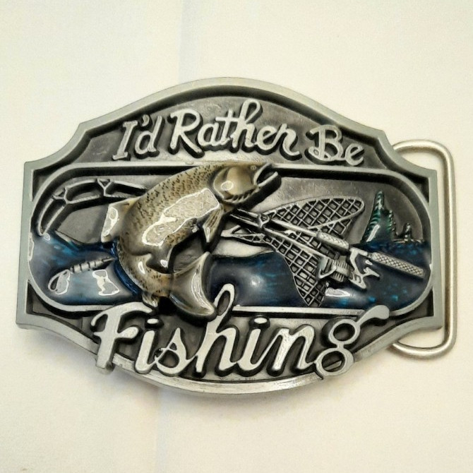 I’d Rather Be Fishing Fish Scene Metal Western Belt Buckle Silver 1.5 in