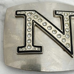 Rhinestone Studded N Letter Initial Monogram Silver Tone Belt Buckle