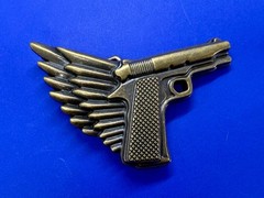 Winged Gun Flying Pistol Handgun Figural Cutout Brass Tone 4&Prime; Wide Belt Buckle