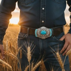 Men Silver Metal Buckle Rodeo Western Decorative Turquoise Blue Beads Jeans Pant