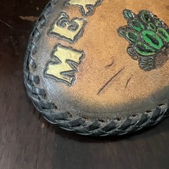 Vintage Tooled & Painted Mexico Souvenir Leather Belt Buckle Cactus Aluminum 70s