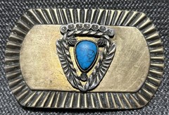 VINTAGE FAUX TURQUOISE NATIVE AMERICAN THEME BRASS BELT BUCKLE *Read