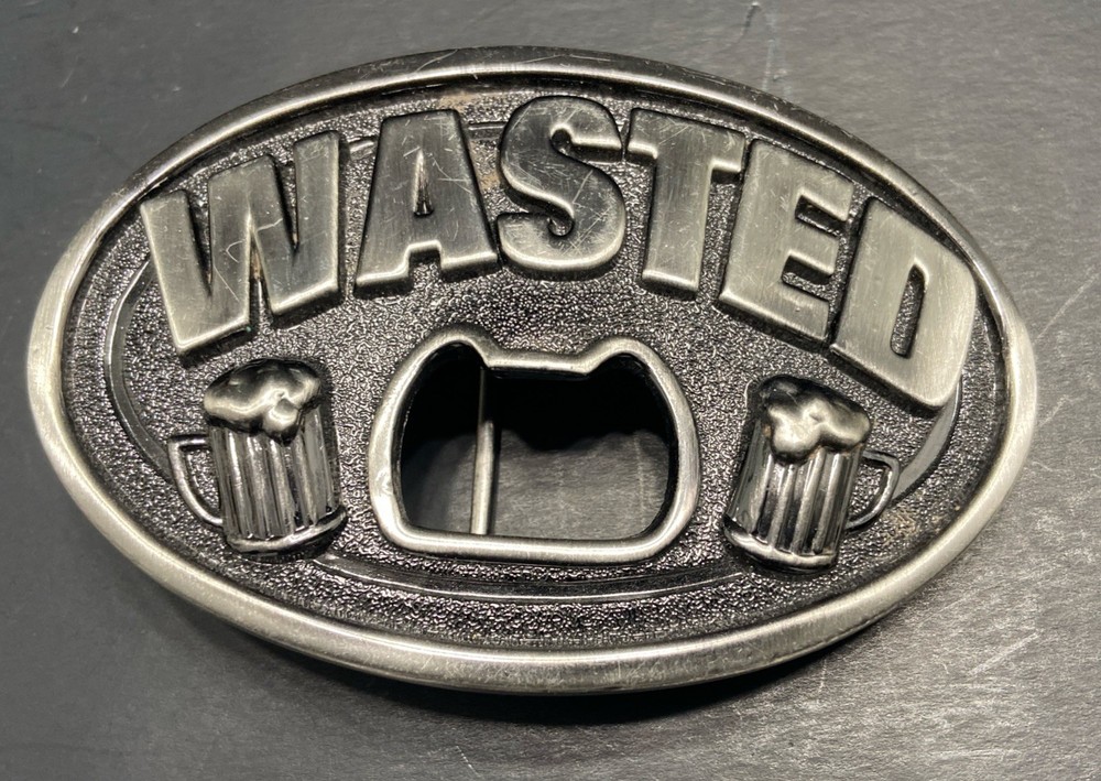 Vintage Wasted Novelty Belt Buckle and Bottle Opener by Kalan Silver One Size