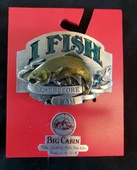 VINTAGE 92’ BELT BUCKLE « I FISH THEREFORE I AM » FINE PEWTER BROWN TROUT NEW
