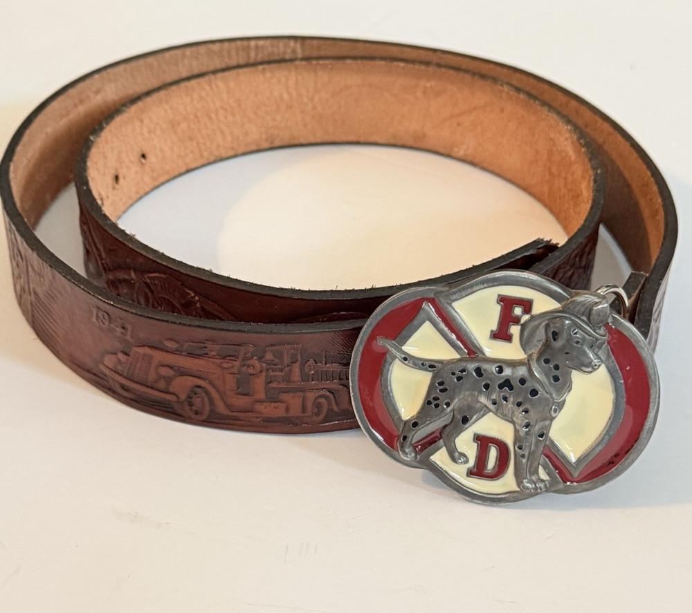 Vintage Dalmatian Belt Buckle W/ Firemen, EMTs & Fire Trucks Leather Belt XL