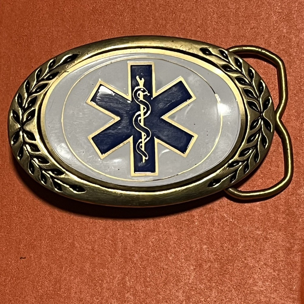 Vintage Solid Brass Star of Life EMS EMT Medical Belt Buckle Blue White Gold B21