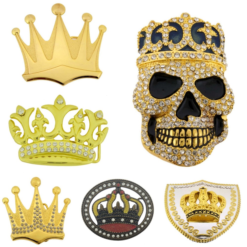 Crown Belt Buckle Gold Metal Rhinestone Halloween Pirate Men Women costume Skull