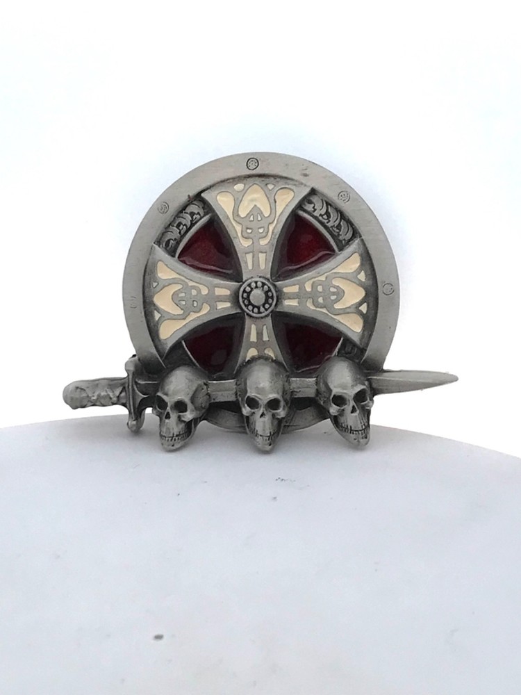 1995 Tanside Ltd Silver Tone Enamel Skull Dagger Maltese Cross Biker Belt Buckle
