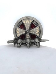 1995 Tanside Ltd Silver Tone Enamel Skull Dagger Maltese Cross Biker Belt Buckle