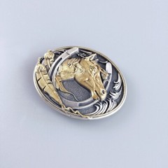 Vintage Style Two-Tone Silver Gold Plated Horse HorseShoe Oval Belt Buckle