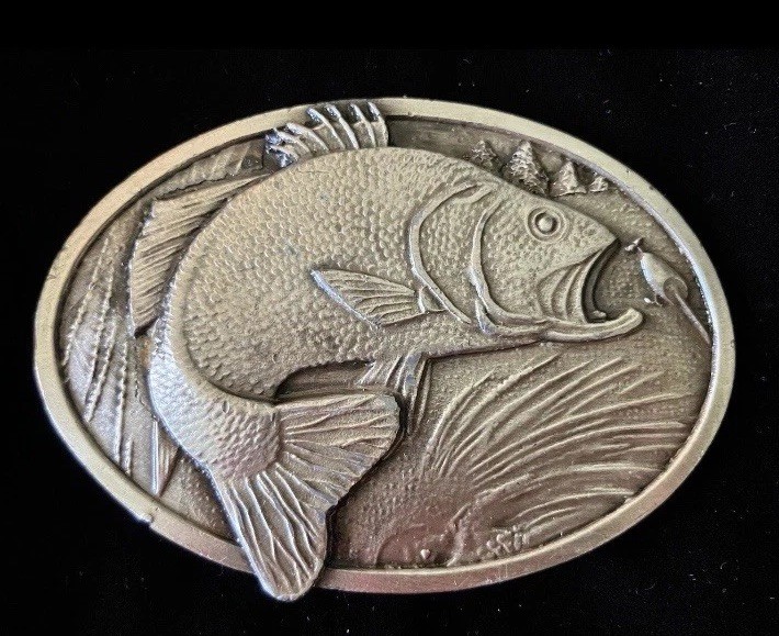 Bergamot Brass Works Bass Belt Buckle Vintage 1977 X-144. Made In USA Fishing