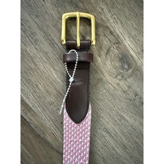 Vineyard Vines Pink Whale Print Silk & Leather Belt Solid Brass Buckle Size 54
