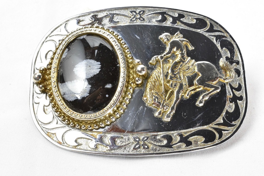 Vtg Polished Stone Belt Buckle Agate Black Gem Western Rodeo Silver w/Gold Tone