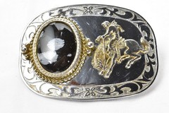 Vtg Polished Stone Belt Buckle Agate Black Gem Western Rodeo Silver w/Gold Tone
