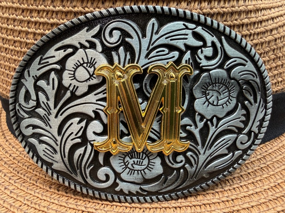 Antiqued Silver Gold Initial M Oval Western Cowboy Floral Vine Belt Buckle