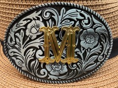 Antiqued Silver Gold Initial M Oval Western Cowboy Floral Vine Belt Buckle