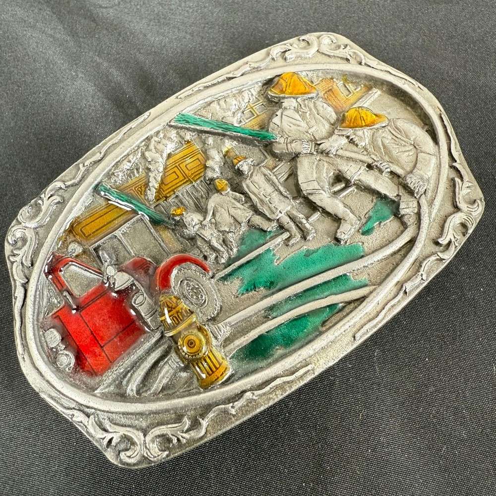Vintage 90s C&J Firefighters At Work Belt Buckle Colored Enameled 3.5&Prime; Made USA