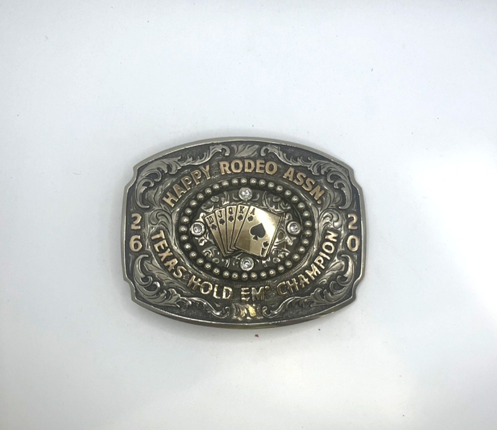 Western Trophy Belt Buckle Happy Rodeo Assn. Texas Hold Em&rsquo; Champion