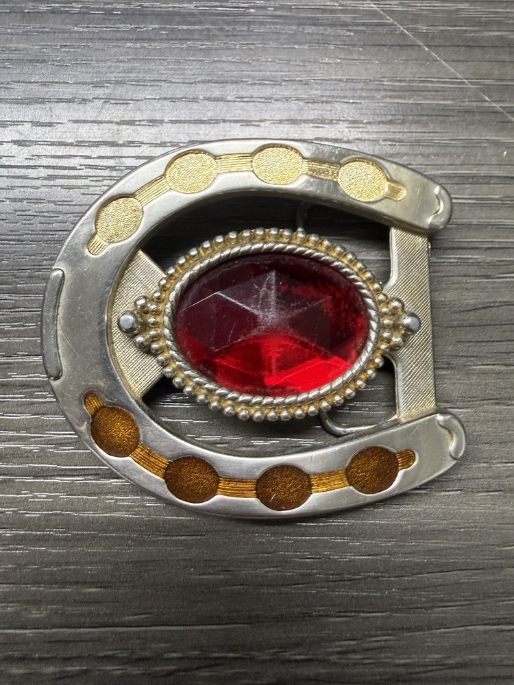 Vintage Silver Cowboy Horseshoe Belt Buckle With a Faux Ruby stone Red