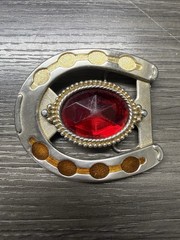 Vintage Silver Cowboy Horseshoe Belt Buckle With a Faux Ruby stone Red