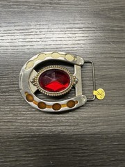 Vintage Silver Cowboy Horseshoe Belt Buckle With a Faux Ruby stone Red