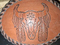 Handmade Leather Tooled Native Steer Head Belt Buckle 4&Prime; X 3&Prime;