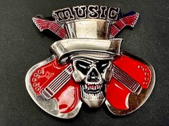 MUSIC Skull in Fedora Hat Crossed Electric Guitars Musician Rockstar Belt Buckle