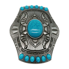 Men Silver Metal Buckle Rodeo Western Decorative Turquoise Blue Beads Jeans Pant