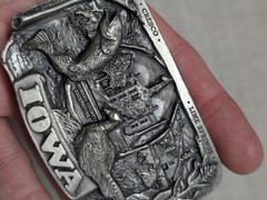 1980s vintage STATE of IOWA belt buckle HEAVY DUTY solid pewter WESTERN cowboy