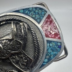 Vtg Southwest 3D Rope And Saddle Turquoise Red Coral Chip Inlaid Belt Buckle
