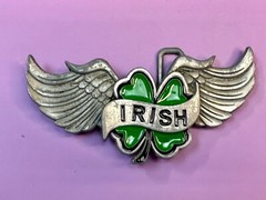 Irish Lucky Four 4 Leaf Clover W/ Wings Cutout Green & Silver Belt Buckle